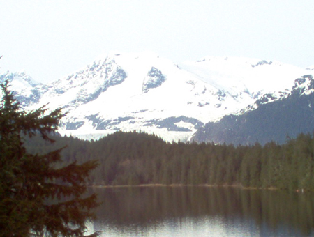 The Mendenhall Glacier is visible just above the trees at the end of the lake