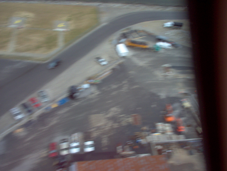 View of the landing pads (upper left) as we turn in to land