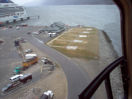 View of the landing pads (upper left) as we turn in to land