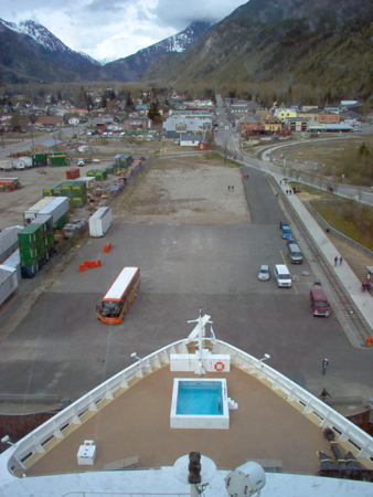 State Street, Broadway, and the White Pass Railway (and the bow of the ship)