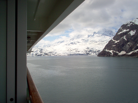 Sailing down the Tarr Inlet towards the Johns Hopkins inlet in which the Lamplugh Glacier is visible