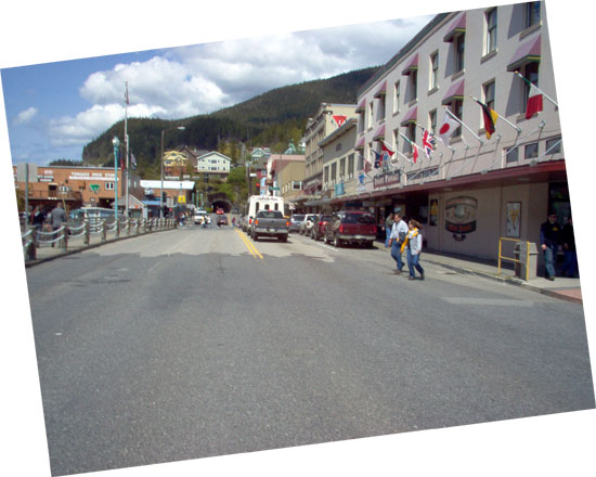 Looking up Water Street towards a tunnel in Ketchikan