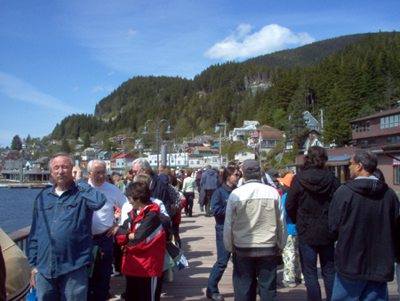 The line to get back aboard.  It goes down the warf about 300 yards (on the right), and back (on the left).