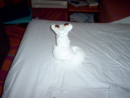 Gladys, our housekeeper, has created a cobra using towels and two pillow chocolates